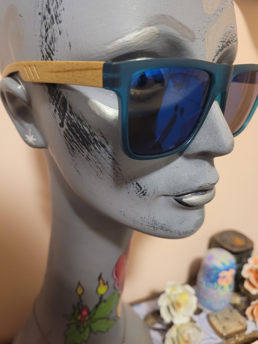 Blue and Natural Bamboo Look-Arm Sunglasses - Unbranded